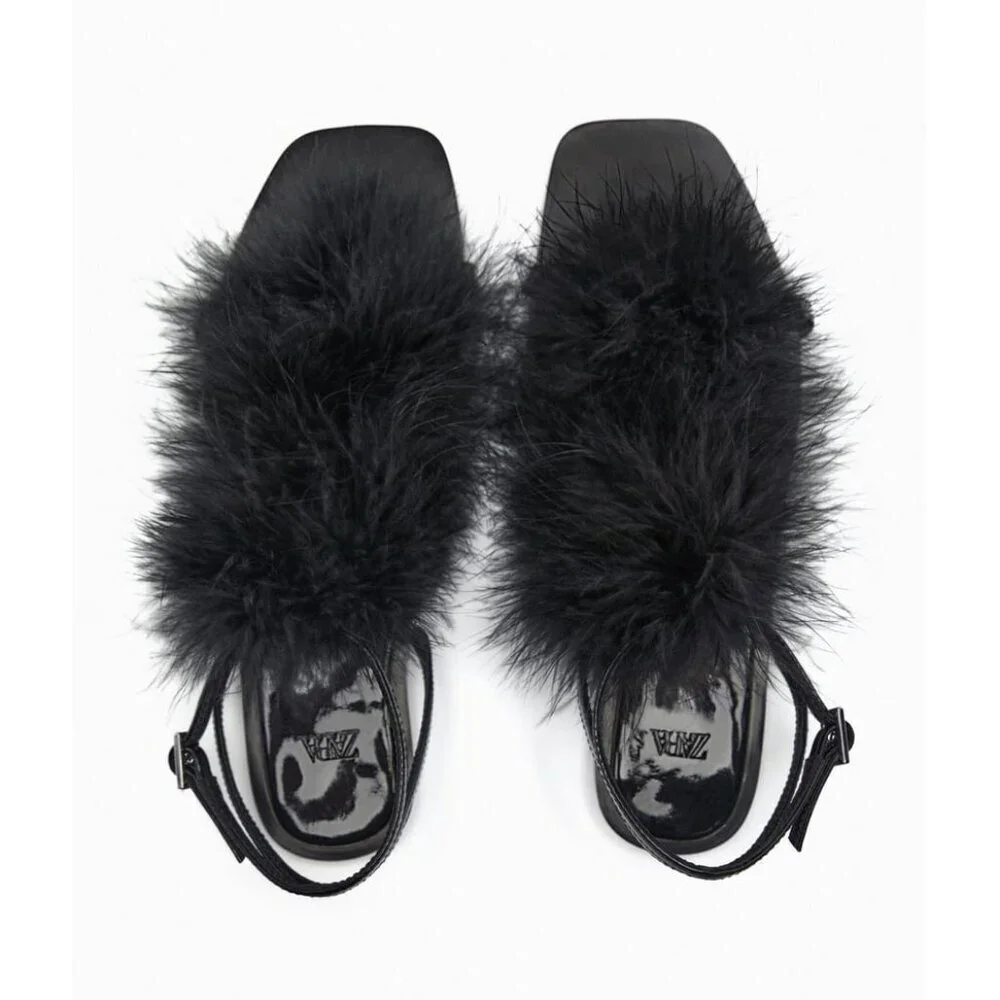 NWT Zara black feather accented flat strap up sandals, EU 36 - Picture 8 of 14